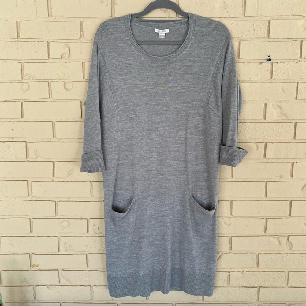 Garnet Hill Merino Wool Crewneck Shift Sweater Dress Loose Gray Pockets Small S